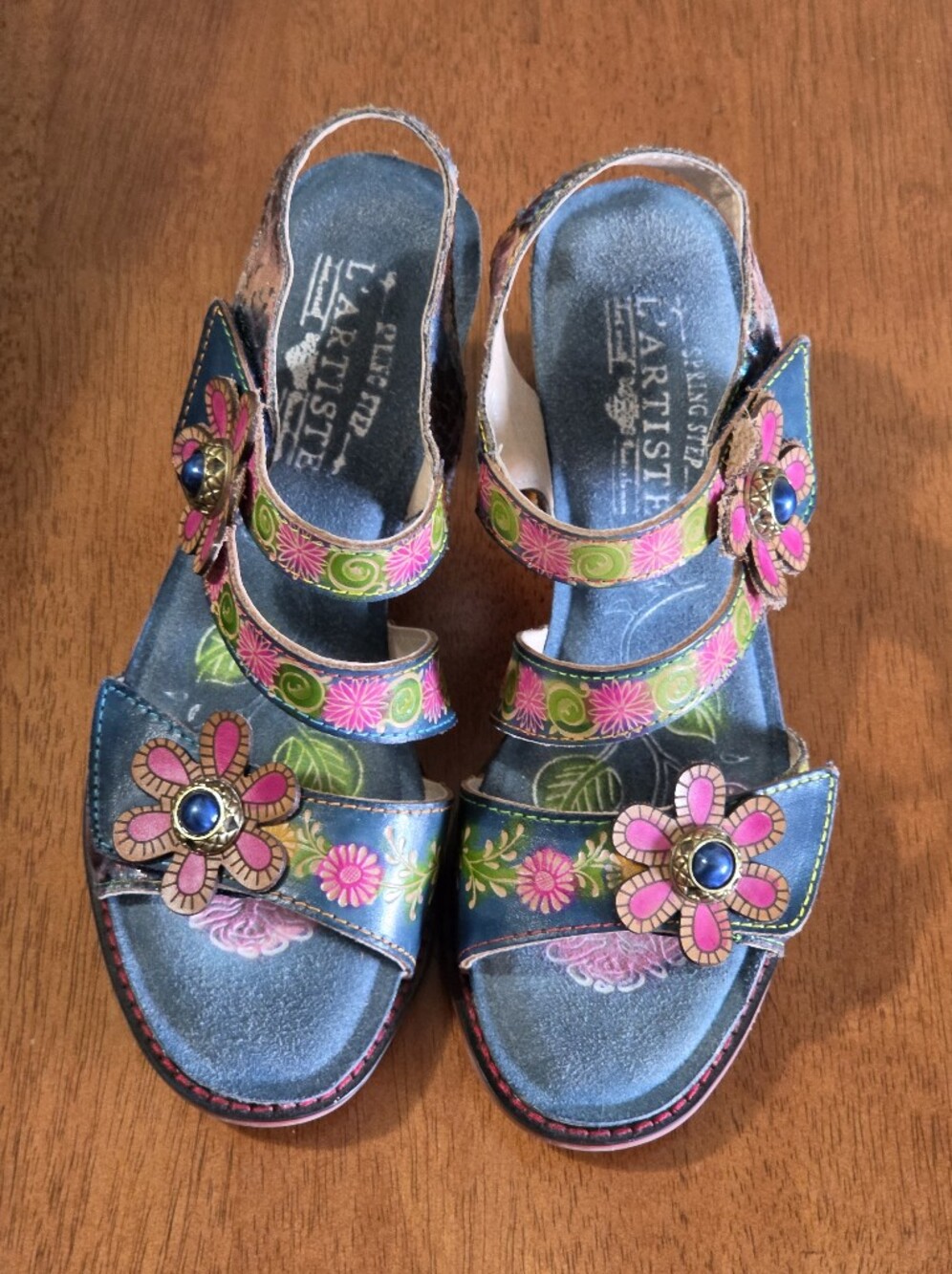 Spring Step L'ATISTE Blue Leather Floral Sandals with Pink Flower Accents